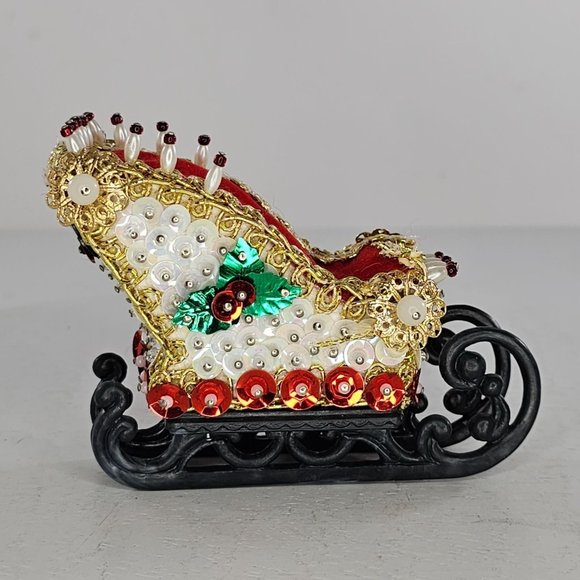 Vintage Push Pin Sled Sleigh Handmade Christmas Decor Holly Red White - Picture 2 of 7
